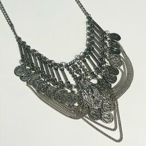 Vintage Multilayer Silver Plated Bohemian Coin Tassel Link Choker Necklace
